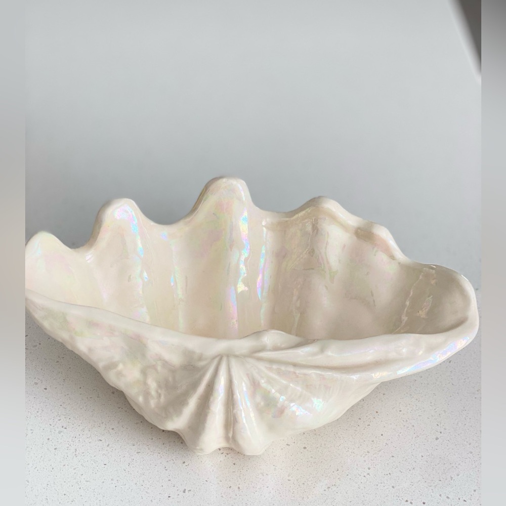 Iridescent White Ceramic Shell Bowl - Decorative Home Accent